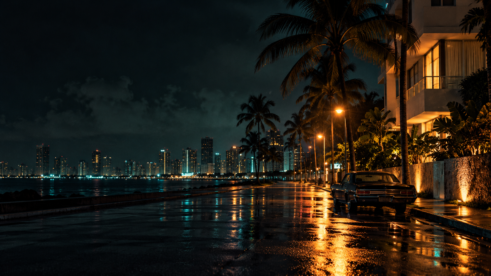 A rain-soaked Miami waterfront street at night